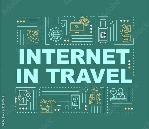 Internet in travel, Wi-fi concepts banner. Transient roamer, convenient service. Infographics with linear icons on green background. Isolated typography. Vector outline RGB color illustration
