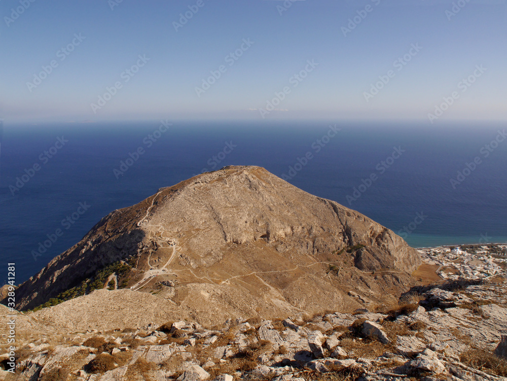 Panoramic view of Mount Mesa Vouno on Santorini island, Greece.