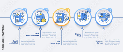 Mail and chats vector infographic template. Internet surfing, maps and work presentation design elements. Data visualization with 5 steps. Process timeline chart. Workflow layout with linear icons