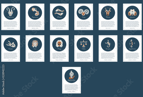 A set of background pages of patterns 13 zodiac signs, 12 standard and 1 for Ophiuchus. For the design of horoscopes, cards, astrological forecasts. Symbols drawn by hand. Vector.