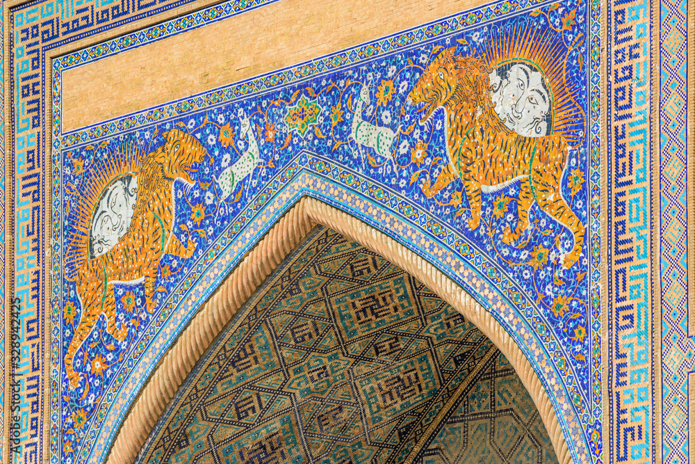 Medieval mosaic of Sher-Dor Madrasah, a part of Registan architectural ensemble, Samarkand, Uzbekistan