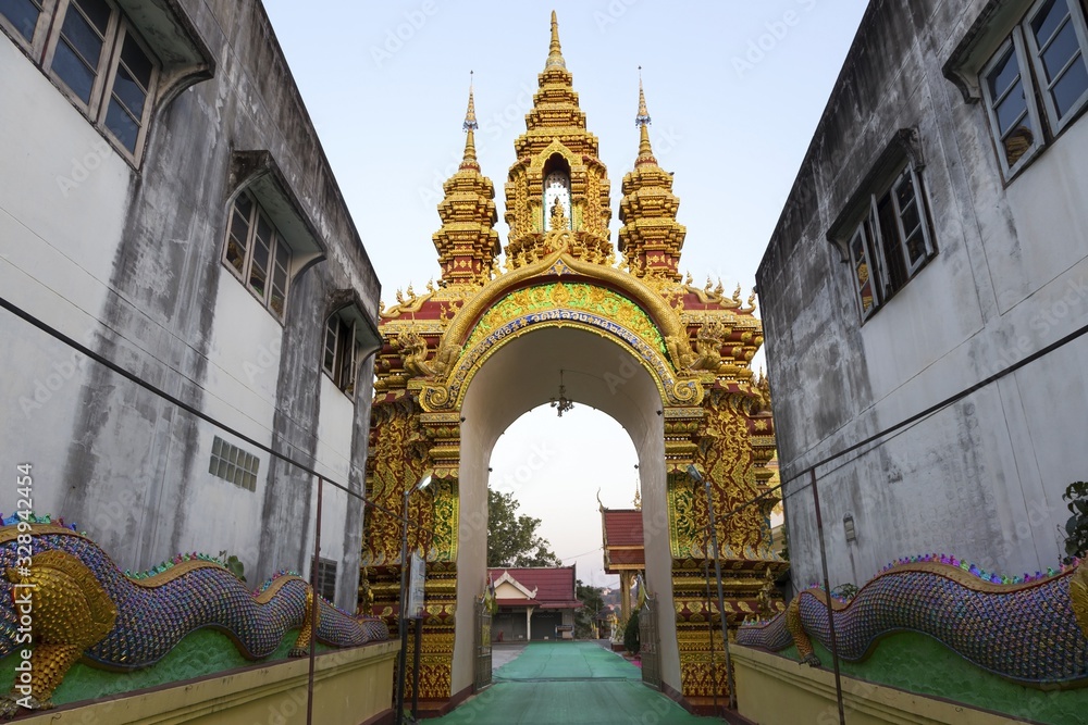 Buddhist Temple Entrance Gate in Chiang Kong by Mekong River, near Thai Laos border
