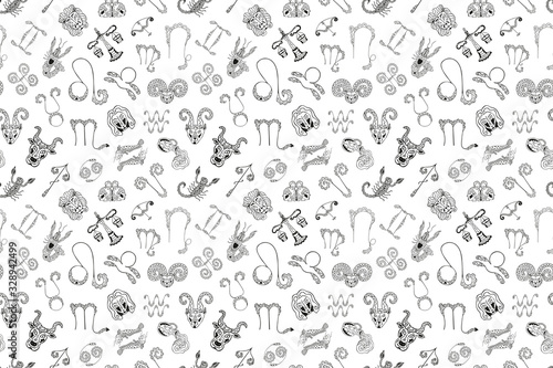 Black and white seamless pattern of 12 symbols and zodiac signs emblems. Monochrome astrological texture from mystical drawings drawn by hand. For fabric, textile, phone cases, etc. Vector.