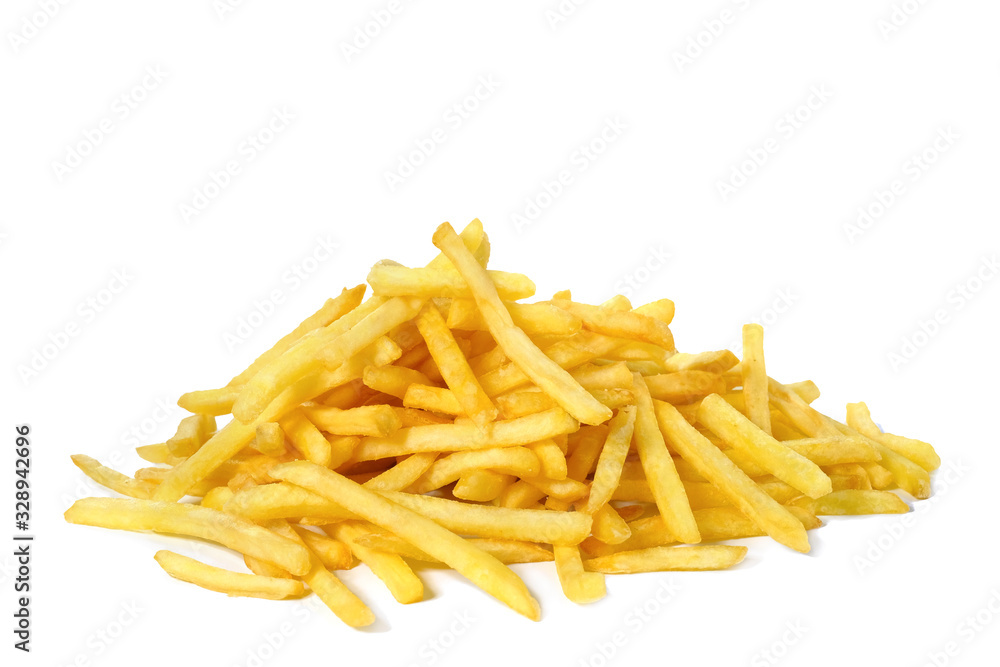 Pile of fried fries isolated on white. Unhealthy food. Pile of fried fries isolated on white. Unhealthy food.