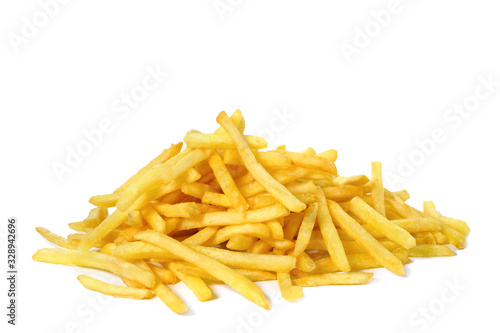 Pile of fried fries isolated on white. Unhealthy food.