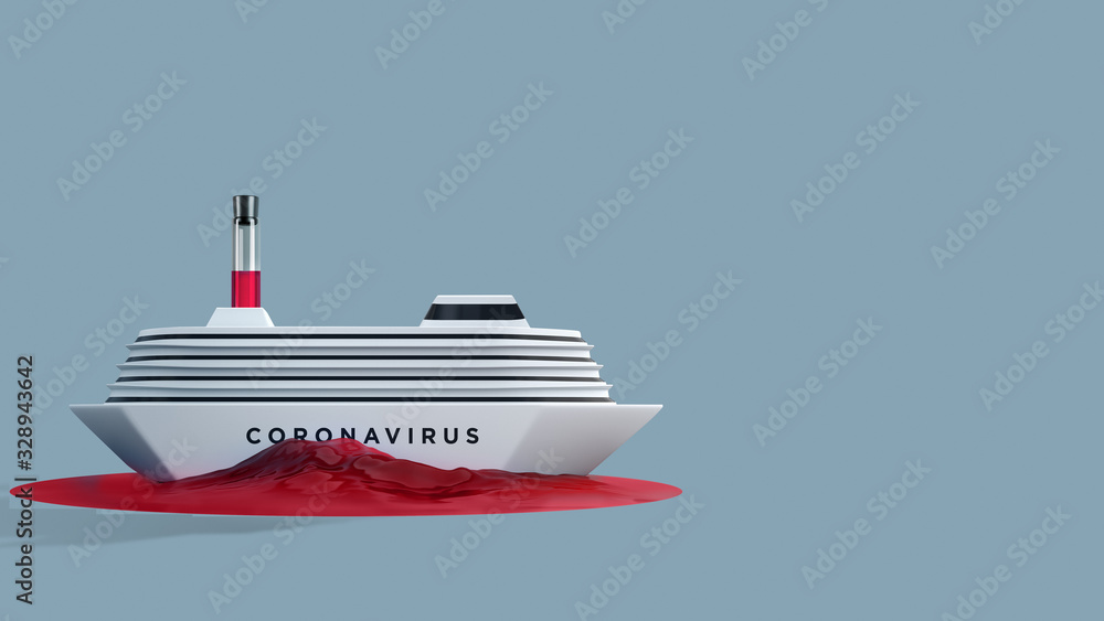 Obraz premium Illustration for news with people infected with coronavirus on cruise liners. 3D render of a ship with sick passengers coronavirus from China - 2019-nCoV or COVID-19. Poster