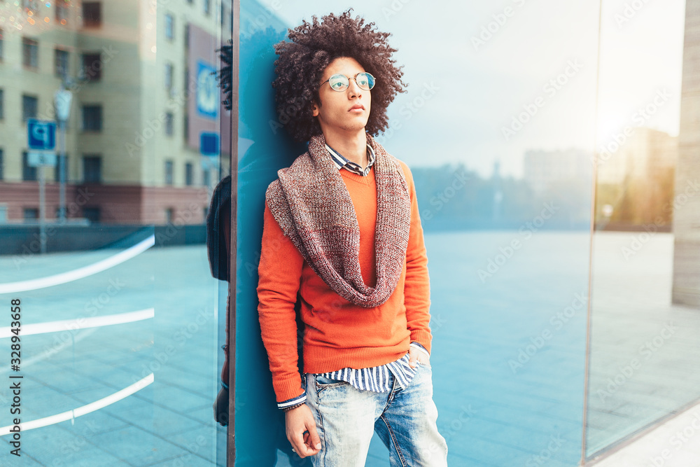Obraz premium Stylish mixed race man, great design for any purposes. young student guy. Youth lifestyle.