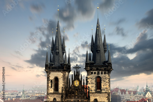 view to the Church of Our Lady before Tyn on the old town square in Prague, Czech Republic