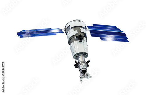 Orbital artificial earth satellite with blue solar panels on sides surface probing isolated on white background
