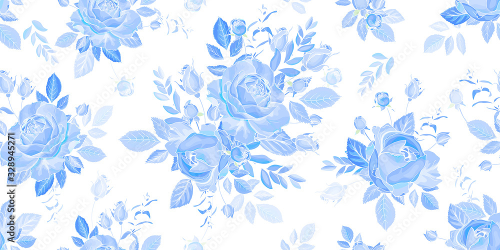 Floral monochrome seamless pattern with blue flowers rose and leaves. Hand drawn. For design textile, wallpapers, wrapping paper, prints. Vector stock illustration.