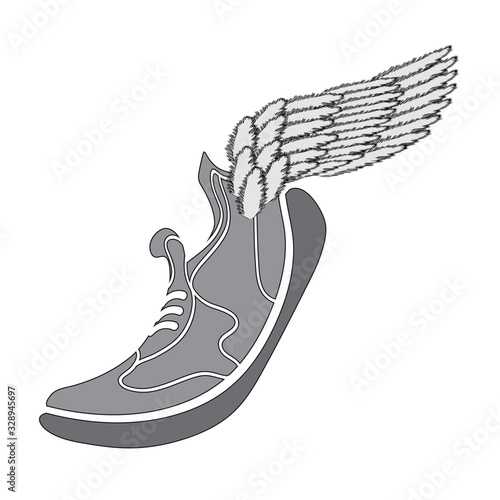 Silhouette of Ranning Shoes and Wing Isolated on White Background.