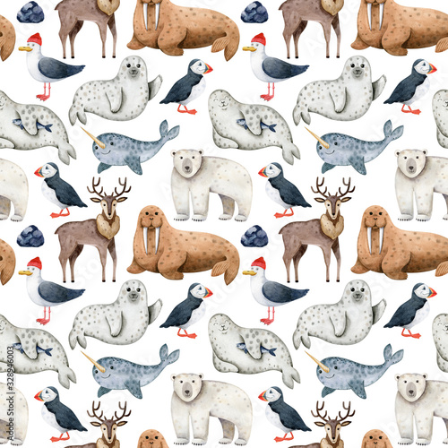 Fototapeta Naklejka Na Ścianę i Meble -  Seamless pattern with watercolor polar animals on white background.Seals, narwhal, polar bear, seagull, puffin, reindeer, walrus. Childish texture for fabric, wrapping paper, wallpapers, scrapbooking.