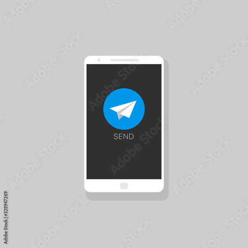 Message icon template. Phone with round chat message icon, telegram icon