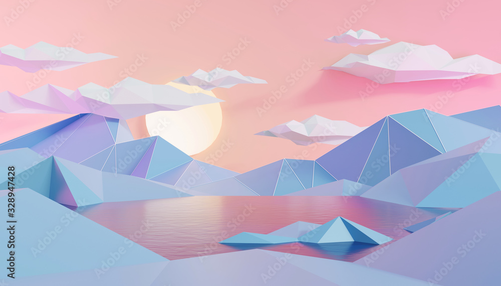 Fototapeta Mountain And Lake Landscape In Low Polygon Style Background, 3D Render.