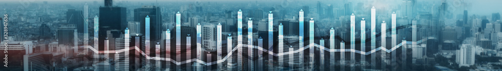 Finance Chart Overlaid on modern City. Panoramic Banner Concept. - obrazy, fototapety, plakaty 