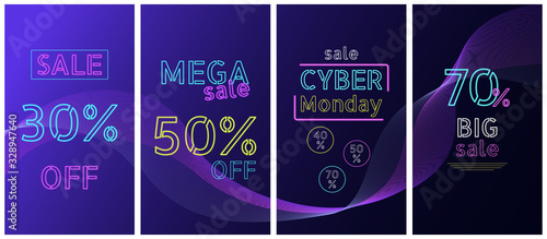 Set of vector abstract backgrounds in the style of cyber punk, for Instagram stories, banners, social networks. Concept of sale, big discounts, cyber monday.
