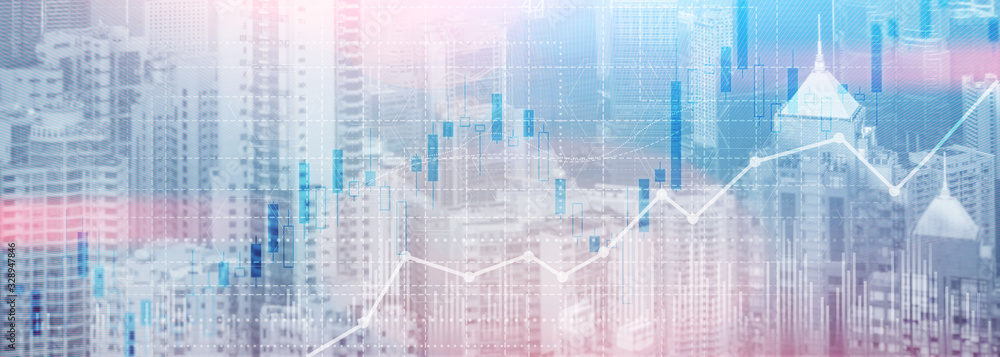 Financial concept investment graph chart diagram double exposure city view skyline.