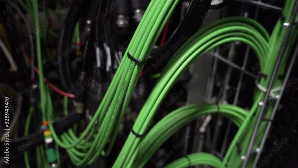 Green audio cable. Many acoustic cables. oaxial cable for data transmission server. Close up