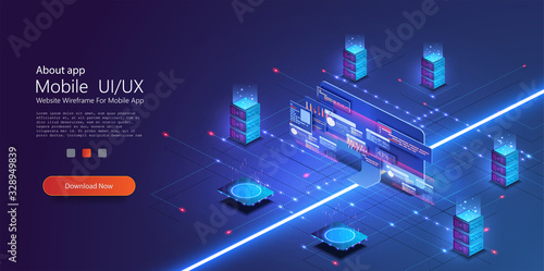 Cloud services isometric composition. Big data analysis storage business intelligence systems modern high tech isometric background connected with dashed lines. Station of future, server room rack.