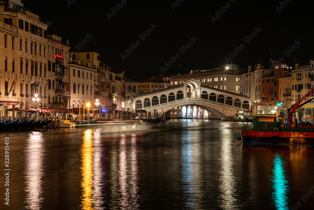 Rialto Bridge from Canal Grande at Night, Venice/Italy
