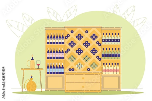 Wine Shop or Store, Alcohol Drink in Cupboard.