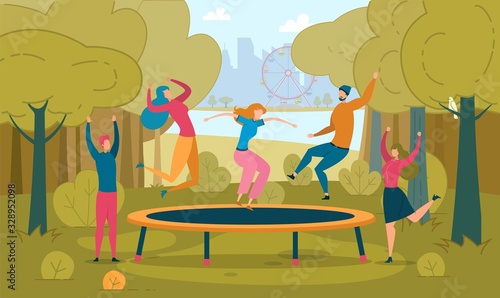 Friends Jumping on Trampoline Flat Illustration