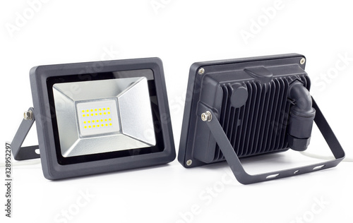 Metal LED spotlights on a white background. Front and back view.