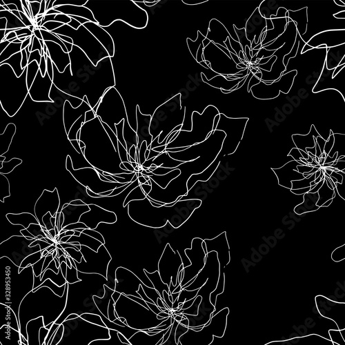 abstract floral seamless pattern with white thin lines sophisticated flowers silhouettes on black background, editable vector illustration for print, decoration, fabric, textile, wallpaper