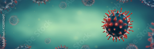 Microscopic view of Novel Coronavirus (2019-nCoV), Flu or SARS virus. Place for text. Panoramic. photo