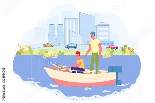 Father and Son Spends Time Together on River.