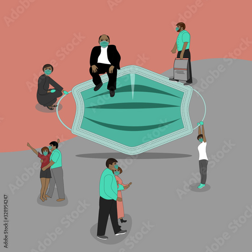 People in medical masks. They try to protect themselves from viruses, flu and infections and to live their usual life. Corona virus and pneumonia illustration.