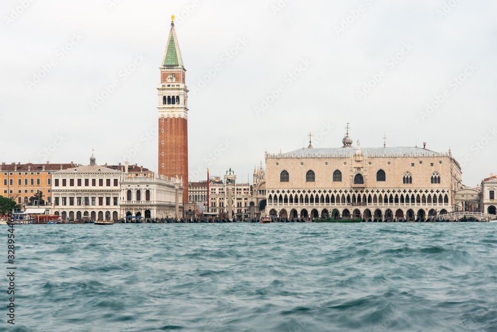 View from Piazza San Giorgio Maggiore to Palazzo Ducale and Marcus Square during Bad Weather and High Tide, Venice/Italy
