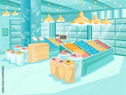 Rural Grocery Store Interior with Stands and Bags