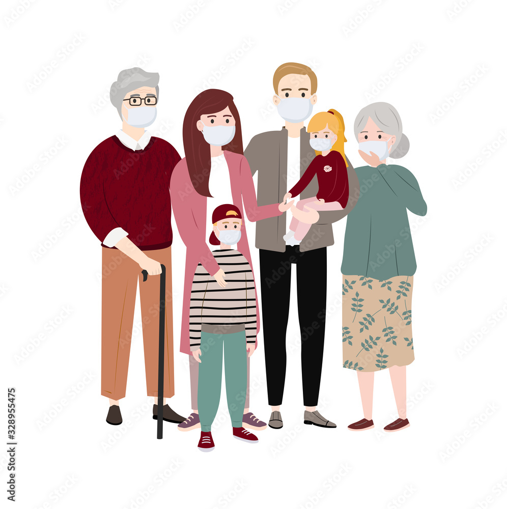 The whole family wearing protective medical mask. Coronavirus protection (Covid-19). Isolated people, family: Man, woman, children and grandparents wearing a surgical mask. Vector illustration The whole family wearing protective medical mask. Coronavirus protection (Covid-19). Isolated people, family: Man, woman, children and grandparents wearing a surgical mask. Vector illustration