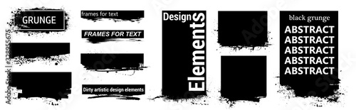 Black grunge for text with frame and Splashes. Dirty artistic design elements, boxes, frames for text. Black splashes isolated. Vector Set of black paint, ink brush strokes, brushes, lines. Vector 