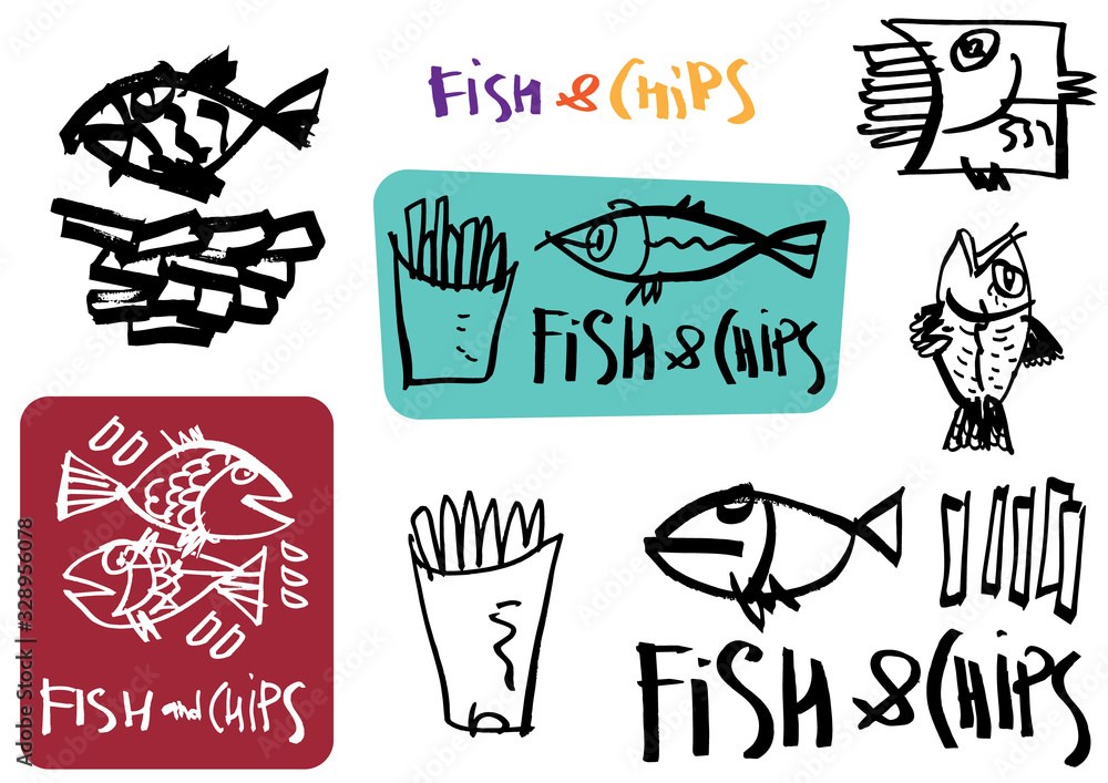 Set of graffiti like hand made calligraphy logo and stickers for FISH and CHIPS points. Sketches and free line. Templates for menu, merchandise, cafe and restaurant decorations.