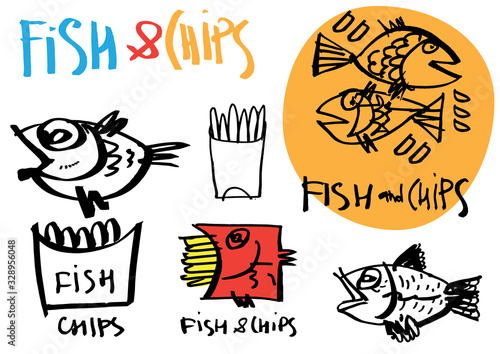 Set of graffiti like hand made calligraphy logo and stickers for FISH and CHIPS points. Sketches and free line. Templates for menu, merchandise, cafe and restaurant decorations.
