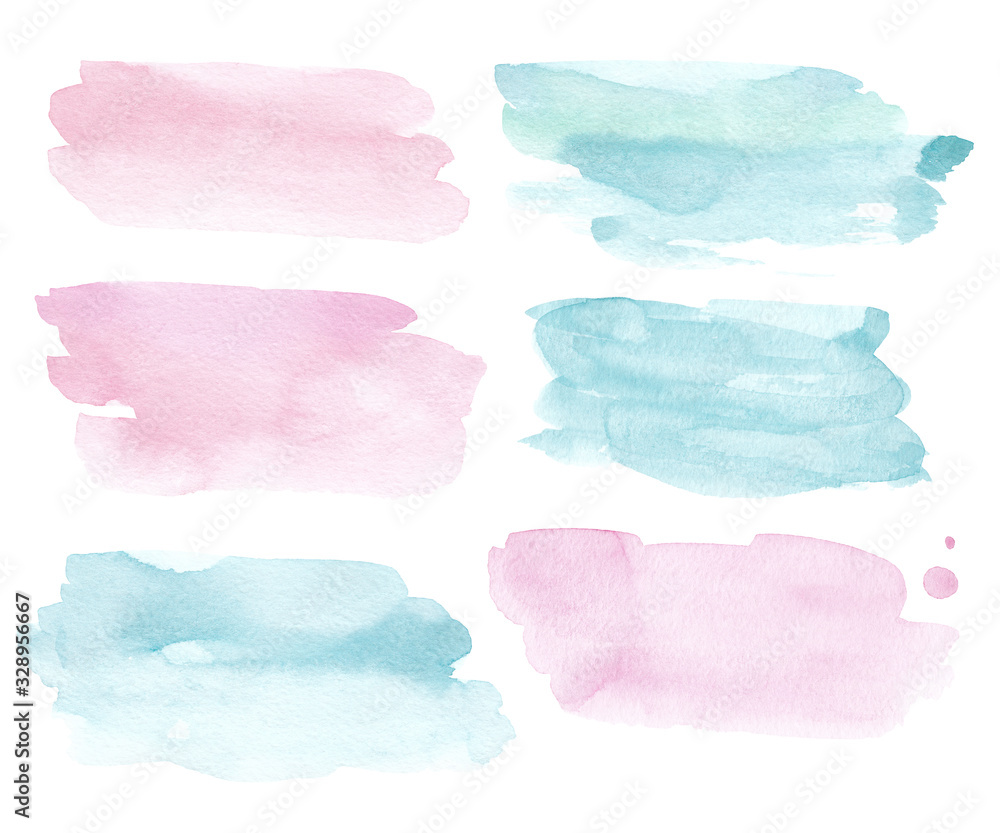 Watercolor abstract hand drawn background paint splash brush, pink and blue pastel colors texture