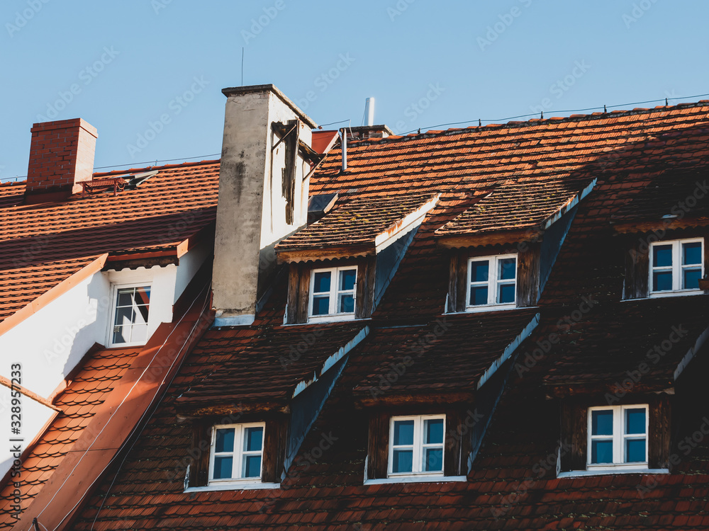 old tile roofs in a medieval town in southern Poland