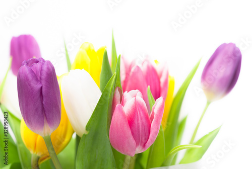 Bouquet of colored tulips on a white background. spring flowers. holidays concept, postcard