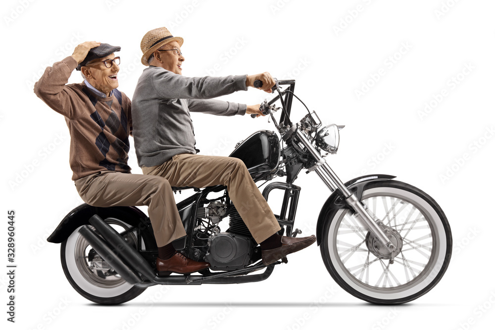Senior men on a custom chopper motorcycle Senior men on a custom chopper motorcycle