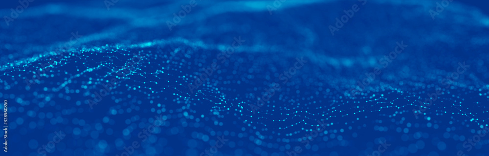 Fototapeta Wave 3d. Wave of particles. Abstract Blue Geometric Background. Big data visualization. Data technology abstract futuristic illustration. 3d rendering.