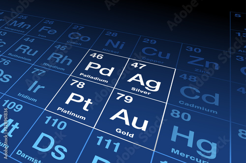 Precious metals on periodic table. Gold, silver, platinum and palladium, chemical elements with a high economic value, also used as currency. Symbols and atomic numbers. English illustration. Vector.