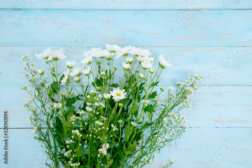 White gerbera flower on wooden background