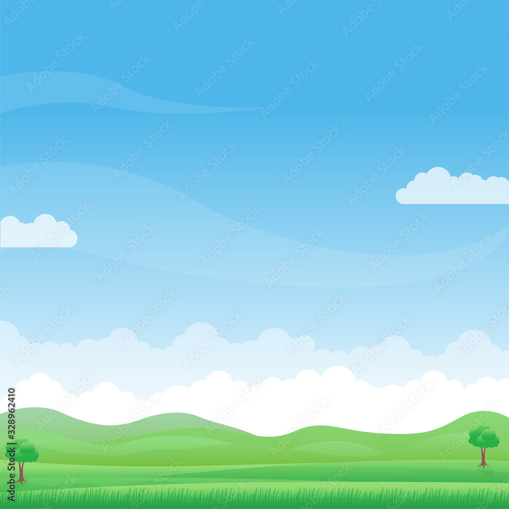 Beautiful nature landscape vector illustration with green field and blue sky suitable for background 