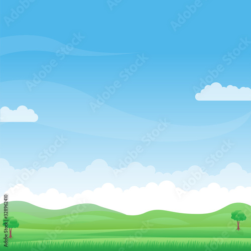 Beautiful nature landscape vector illustration with green field and blue sky suitable for background 