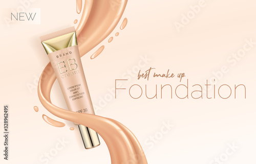 Foundation makeup, advertising design template for catalog with concealer, BB cream packaging tube mock up with liquid foundation in the background vector illustration.