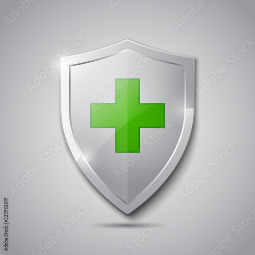 Medical health protection shield with cross. Healthcare medicine protected steel guard shield concept. Safety badge steel icon. Security safeguard metal label - stock vector