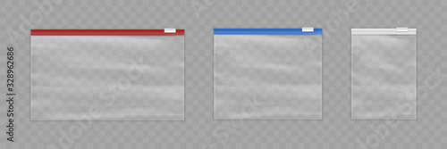 Set plastic zip bags, empty pouches of red, blue and white zipper color isolated on transparent background. Realistic 3d waterproof dispasable blank packages container mock up - stock vector