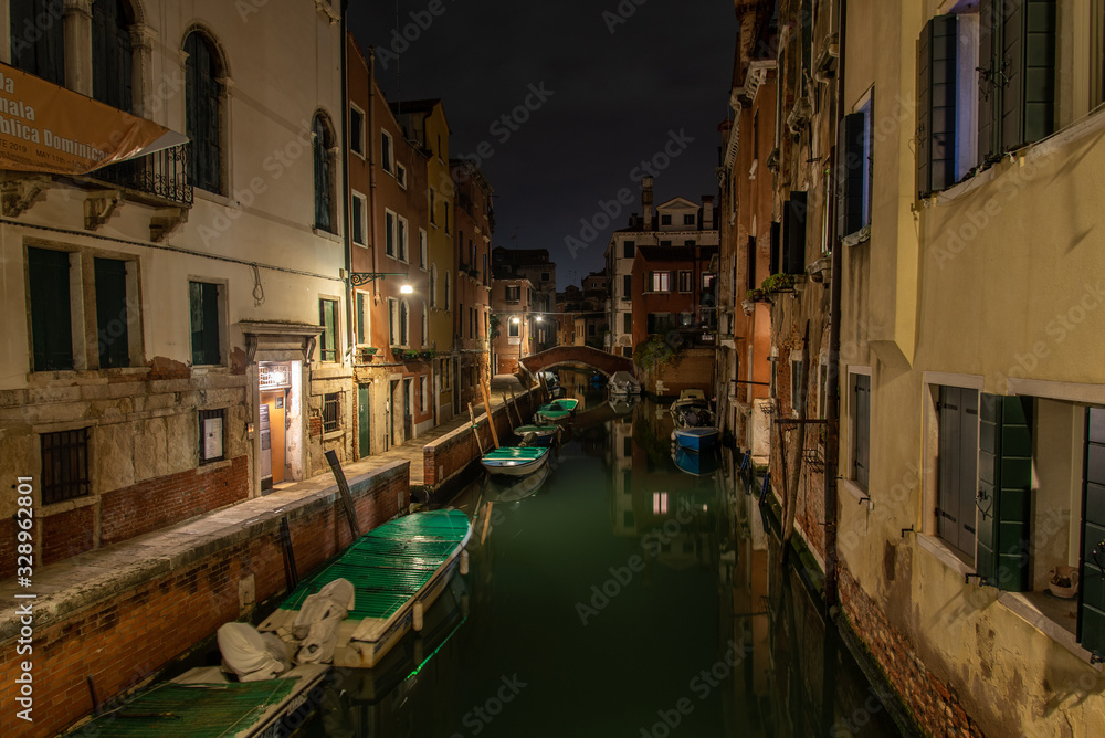 Midnight at a Canal in Cannaregio, nobody on the Street, Venice/Italy